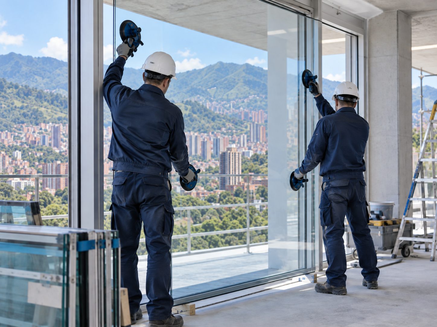 Equipo de Acristalar instalando un panel de vidrio en Medellín