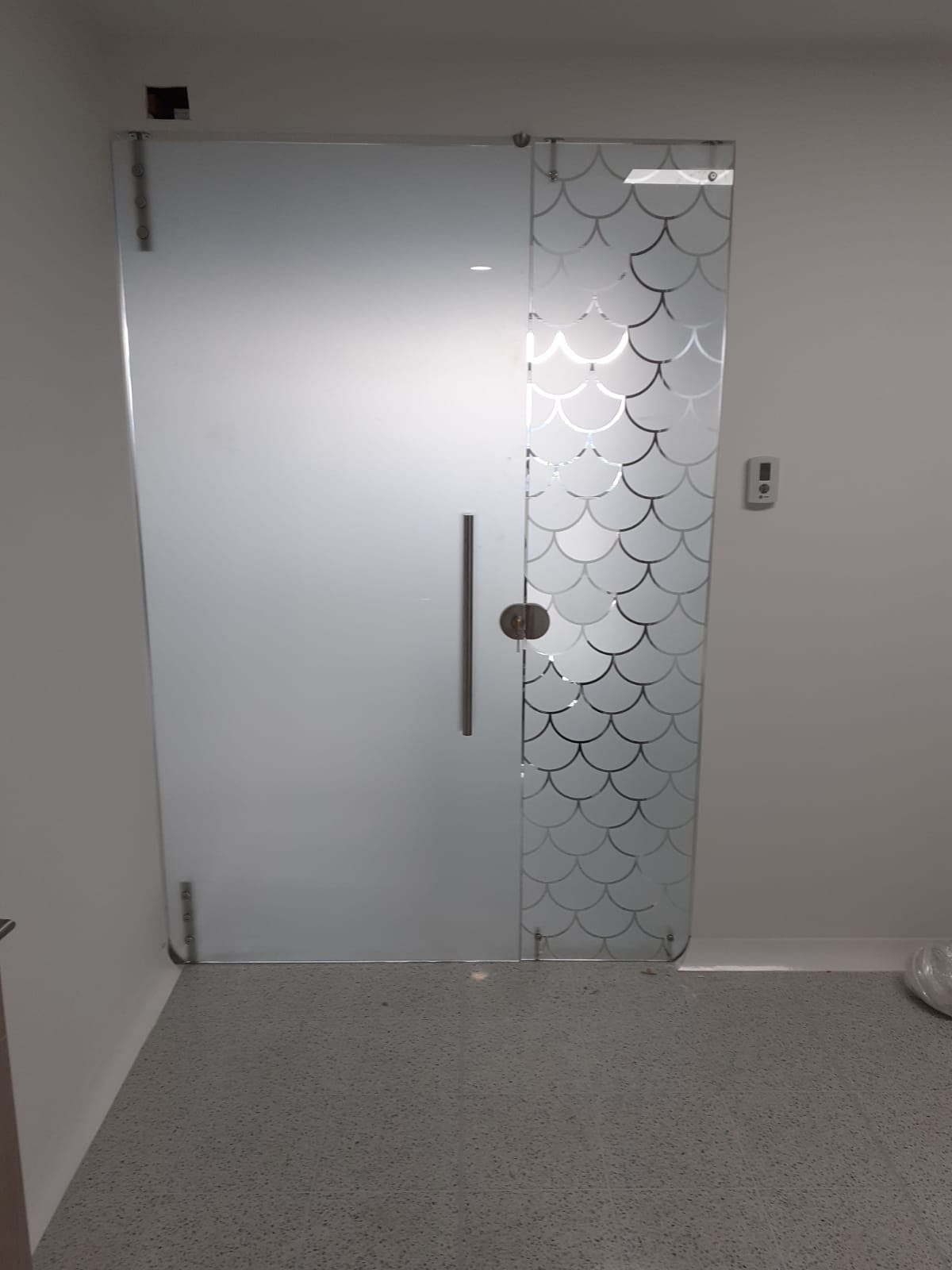 Puerta en vidrio esmerilado con diseño decorativo